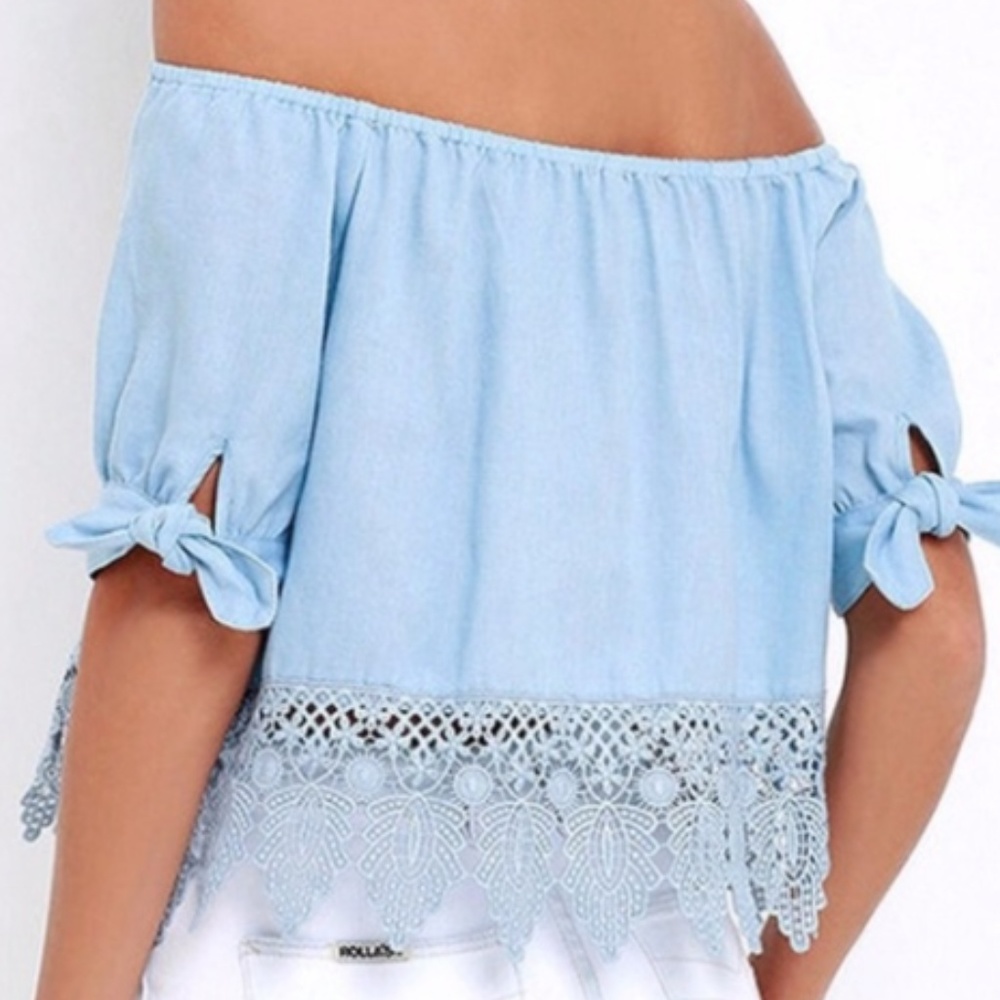 New boho Blue crochet lace off shoulder crop top - Picture 5 of 5